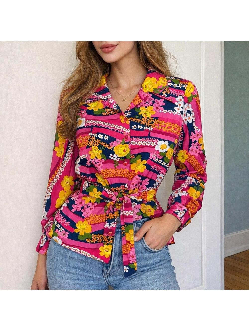 Vintage 70s Pink Floral Psychedelic Belted Blouse Top Alex Colman Medium